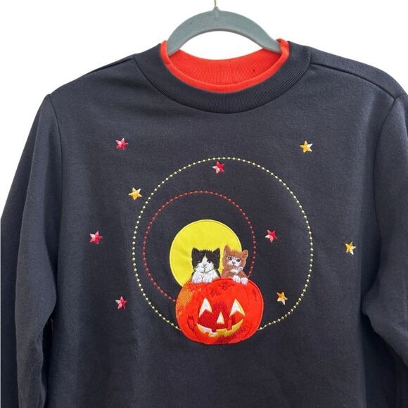 Blair Vintage Women's Embroidered Halloween Cat & Pumkin Crewneck Sweater Small - Picture 3 of 4